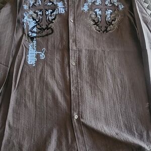 Black Button-Up Helix Shirt with Blue Embroidery